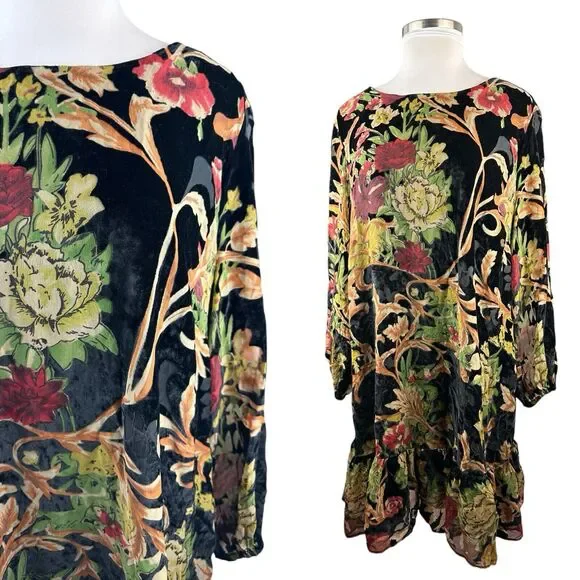 ABS Collection Crushed Velvet Floral Dress Long Sleeve Ruffle Black Plus Size 22 - Picture 15 of 15